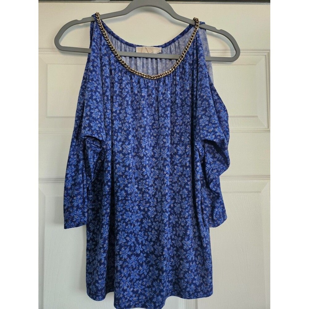 MICHAEL KORS Ladies 3/4 Sleeve GOLD CHAIN Blouse Top BLUE SPARKLE Size Small